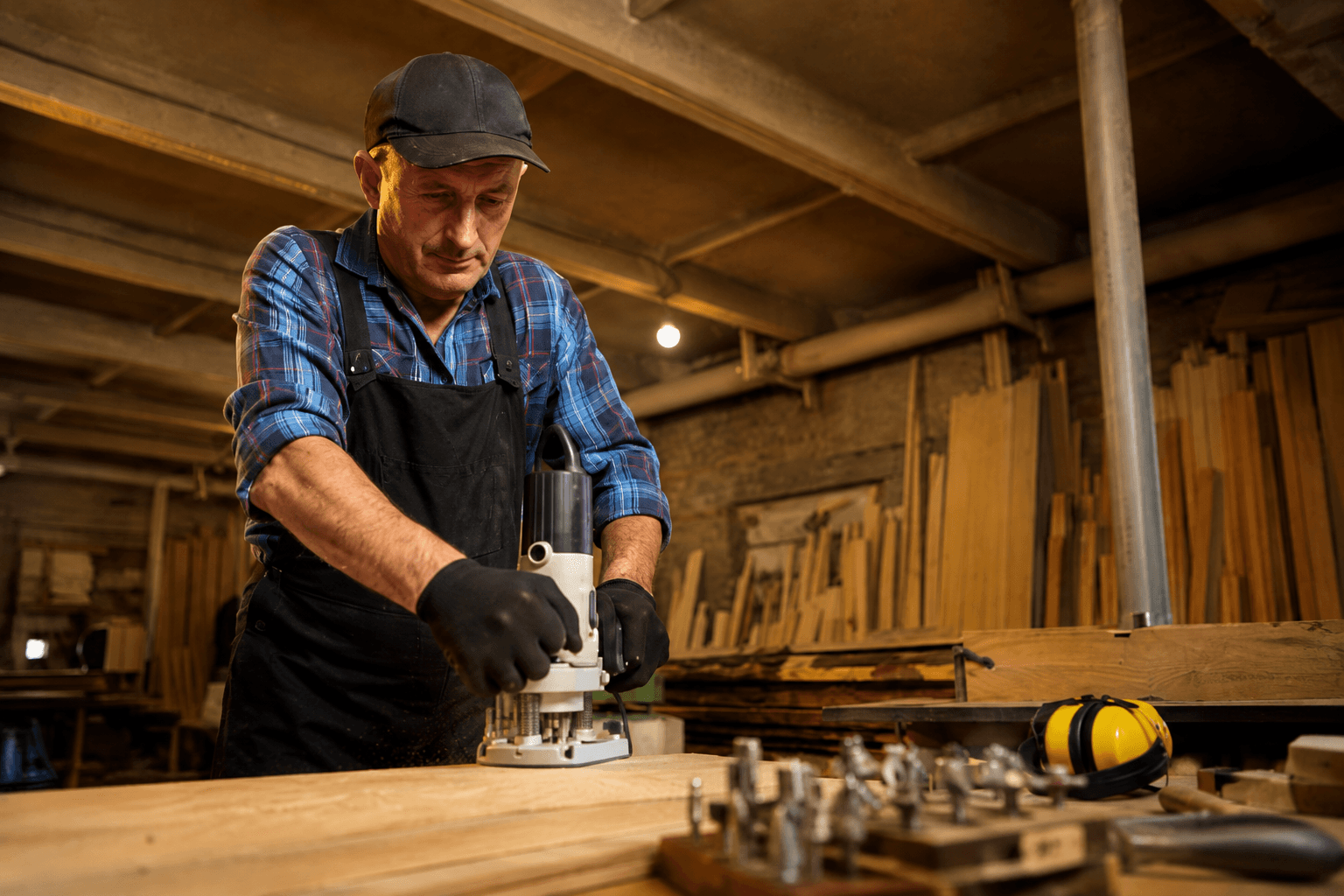 A craftsman shaping wood in a well-lit workshop